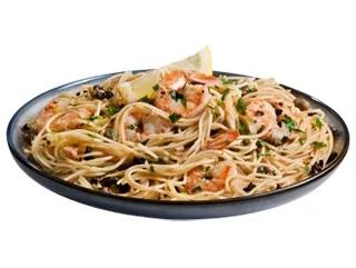 Capellini aux crevettes, aux câpres et aux olives