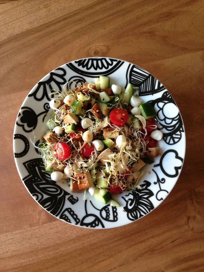 Salade de tofu mariné à l'asiatique, sésame et luzerne