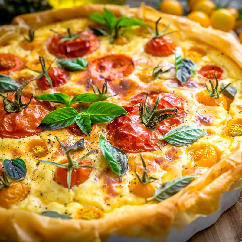 Tarte aux tomates confites, aubergines, chèvre et roquette